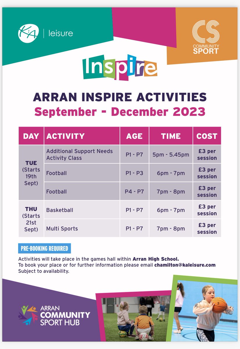 #NAParticipation 💛🖤 Great to be able to advertise the restart out Inspire Activities on Arran. It’s been a pleasure working alongside @CraigHamilton8 to create a bespoke timetable for Arran pupils. Delighted for 2 ex-#NASportsAcademy students who’ll lead these sessions.