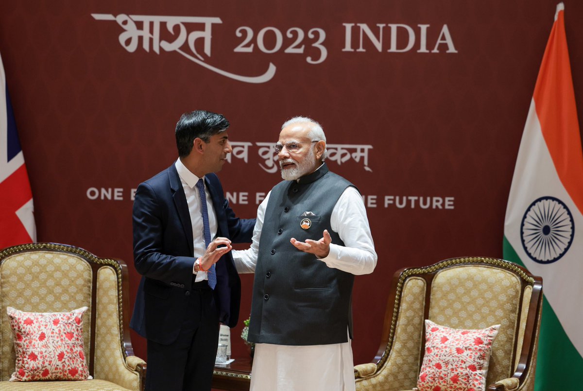 Deepaksoni7870's tweet photo. #G20BharatSummit
Hon’ble PM Shri @narendramodi Ji holds bilateral meeting with the UK Prime Minister @RishiSunak at the Bharat Mandapam in New Delhi. 

Vishwa Guru Bharat 🇮🇳 
#G20BharatSummit
 https://t.co/XLia9Im7xc