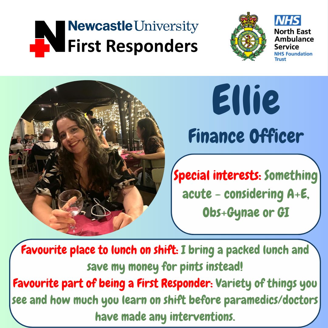 🚑 Meet the committee: 23/24 🚑

Day 4 and we’re meeting our finance officer for the year, Ellie! 💸

#nufr #neas #northeastambulanceservice #newcastleuniversity #newcastleuni #newcastlemedicalschool #newcastleupontyne #communityfirstresponder #firstresponder #firstaid