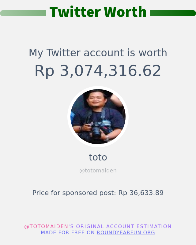 totomaiden's tweet photo. Nilai Twitter Saya adalah: Rp 3,074,316.62

➡️ https://t.co/OzfzOxrvJq https://t.co/D0h7d6Q5qz