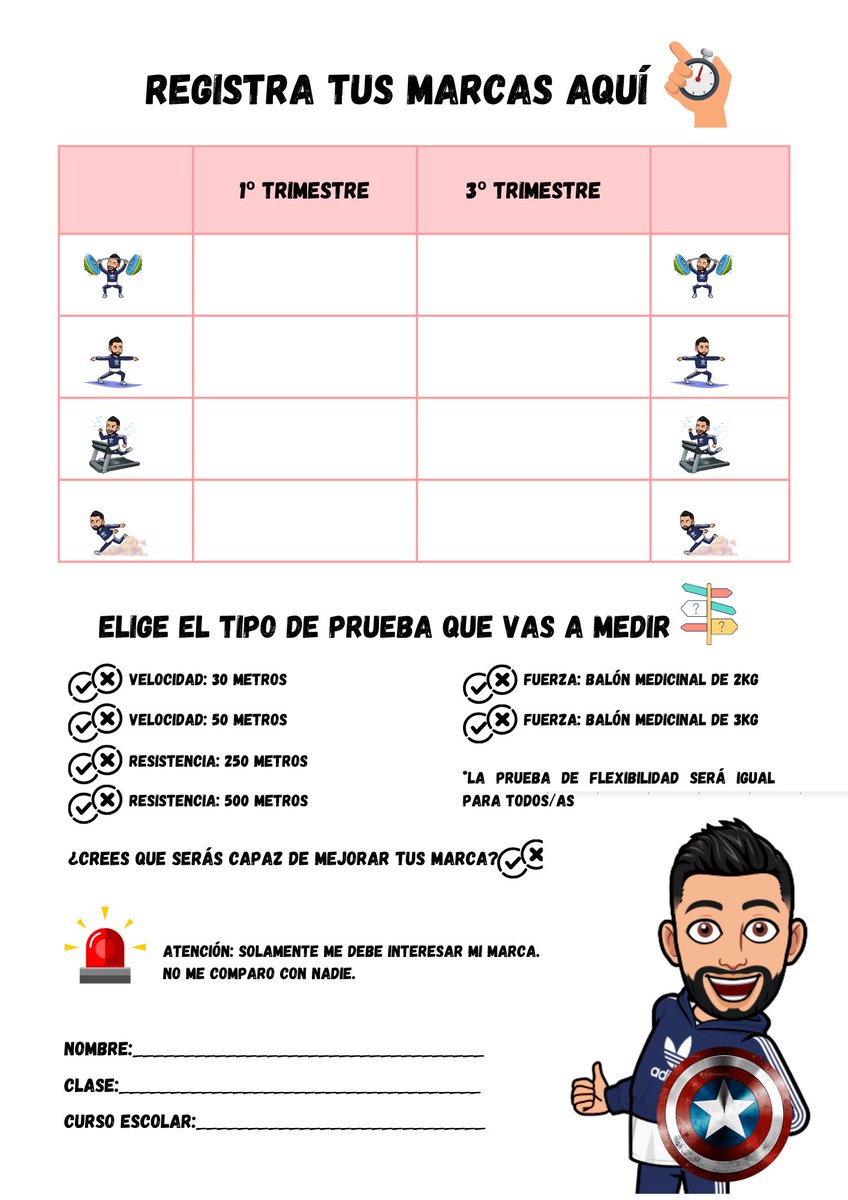 capitandocente's tweet image. ☑️ Ficha de registro de capacidades físicas básicas. 

Durante la evaluación inicial en Educación Física, trabajaremos las CFB. 

He preparado la siguiente ficha de registro para el alumnado. 

🔴 Descarga del blog: elauladecapitandocente.wordpress.com/2023/09/09/fic…

#claustrovirtual #edufis
