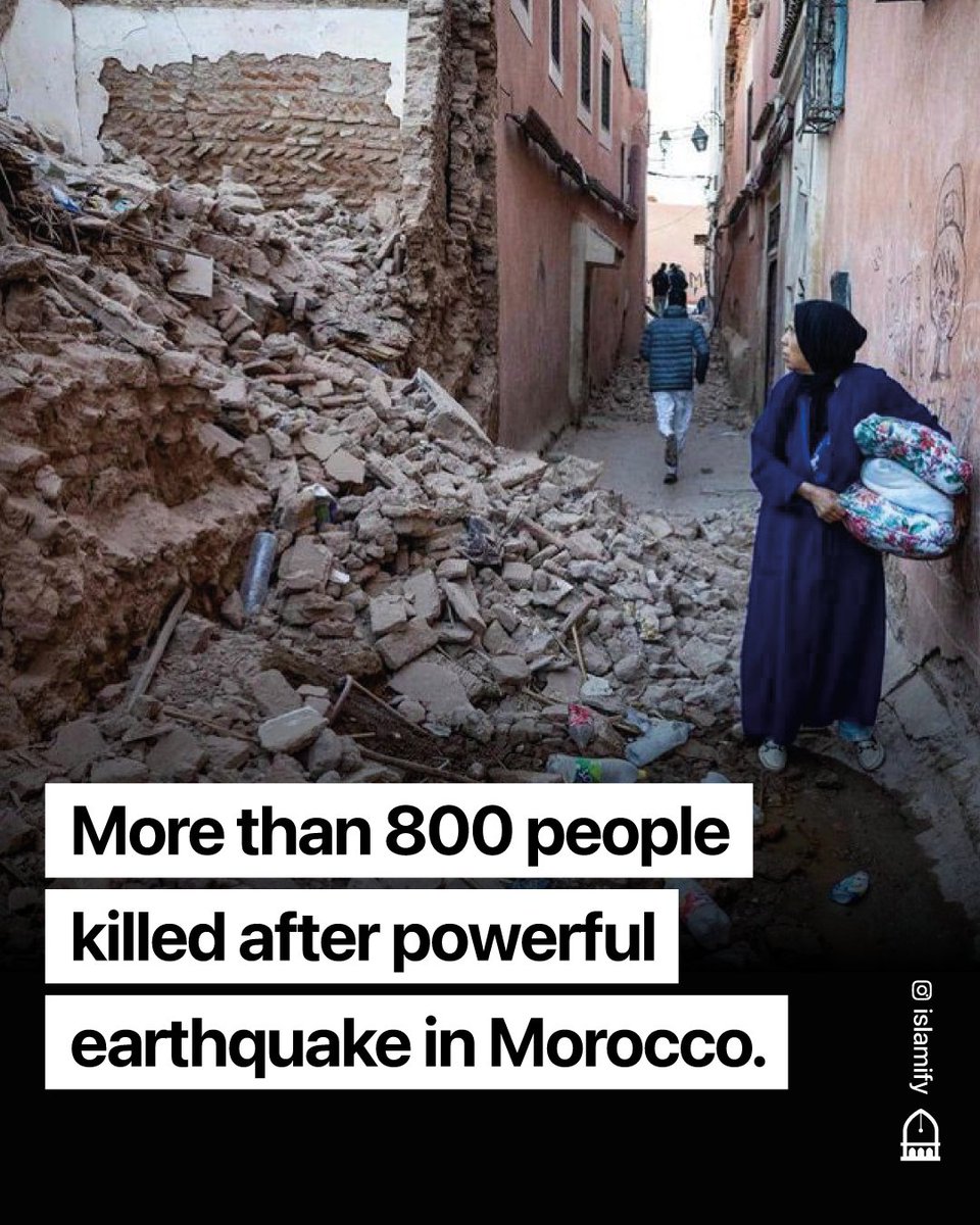 Alhamdhulillaah's tweet image. 🚨 A magnitude 6.8 earthquake has hit Morocco killing at least 820 people, injuring more than 670, damaging ancient buildings, and sending terrified residents fleeing their homes into the streets for safety.

Morocco’s state television reported the death toll on Saturday, citing…