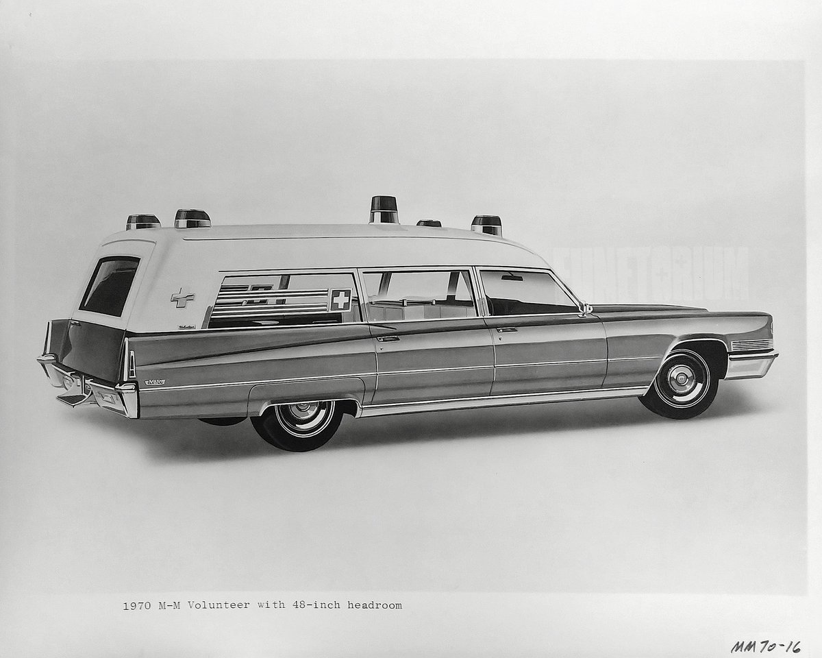CarManToday's tweet photo. Two-tone '70 Miller Meteor Volunteer factory advertising illustration scanned from original 8x10.
#funetorium #funeralfinds #funeralhistory #funeraladvertising #ambulancehistory #funeralcoach #vintagecoach #coachbuilt #millermeteor #cadillac #volunteer #ambulance #procar https://t.co/PqvsnQB01x