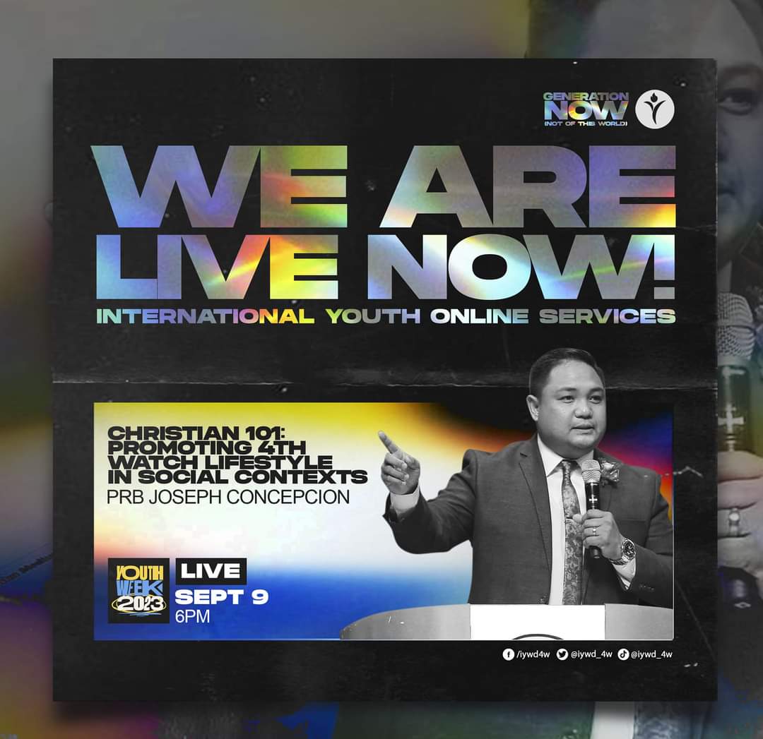 iywd_4w's tweet image. 𝗪𝗘 𝗔𝗥𝗘 𝗟𝗜𝗩𝗘 𝗡𝗢𝗪! Join us as we elevate our faith and explore what it truly means to be 'Not Of this World' through our #GenerationNOW at the International Youth Online Services FB Closed Group! See you, young watchers!

#4WYouthWeek2023
#IYWD
#PMCC4W