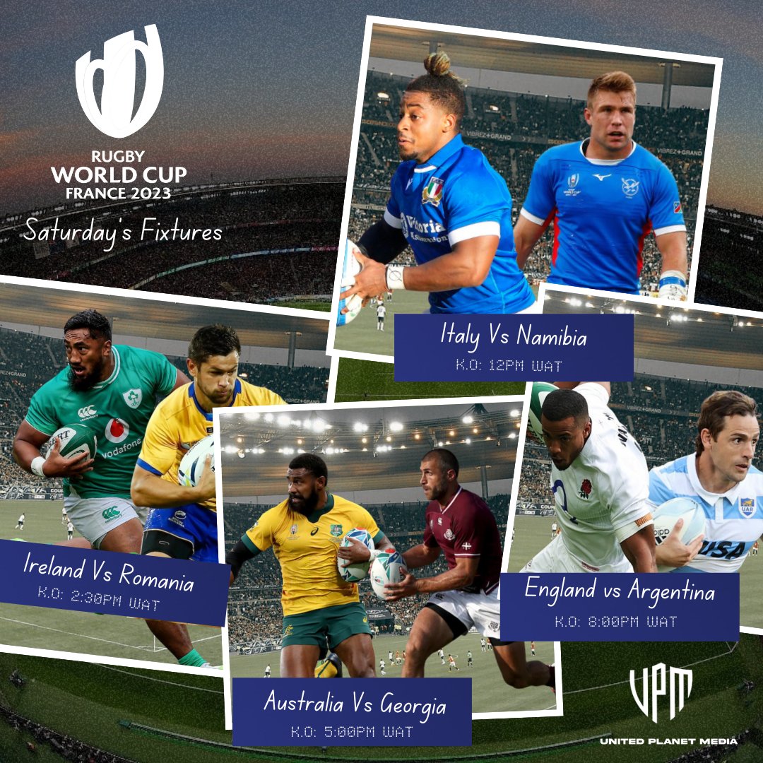 Saturday's Fixtures in the Rugby World Cup 2023

#RWC2023 #australianrugby #francerugby #Englandrugby #Rugbyworldcup #Springboks #Argentinarugby #Irishrugby #Romaniarugby #Namibiarugby