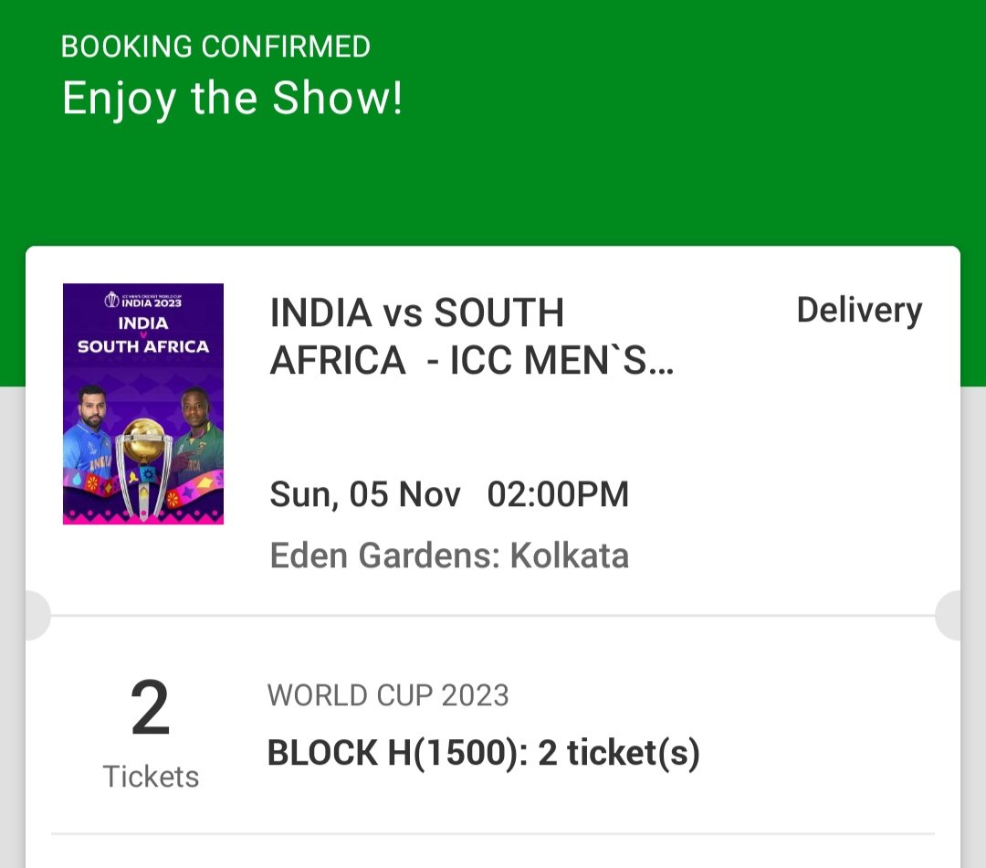 jeet1479's tweet photo. 2 Tickets available for IND vs SA World Cup Match at Eden Gardens
#INDvsSA #CricketWorldCup2023 
#worldcuptickets https://t.co/XdQIXJ4GWY