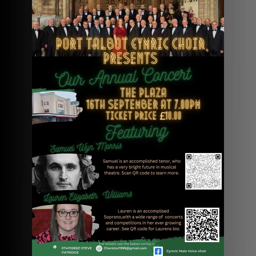 Only one week left to wait until...

The Annual Cymric Choir Concert, here at The Plaza on Saturday 16th September 2023!

To get your tickets, please call Steve Partridge on 07411 128521.