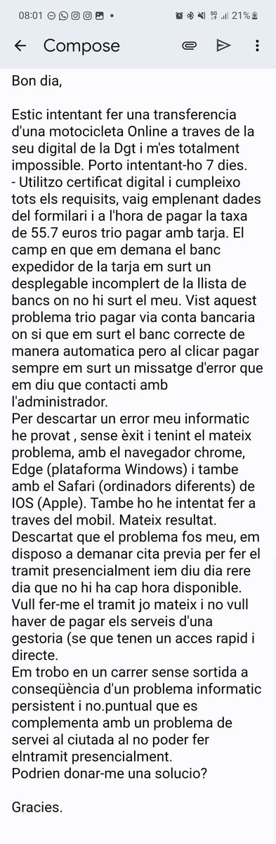 MarcPontCamos's tweet photo. Impossible fer canvi de nom online a la seu digital de la DGT per problemes de la seva plataforma. Demano cita previa i esta tot ple des de fa 7 dies. Intento presentar queixa online i impossible presentar-la tot i tenir certificat digital. 
Un desastre. 
Aixo no es servei public https://t.co/w74hEH140C