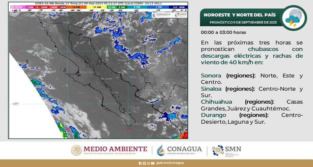 conagua_clima's tweet photo. ⚠️📷En entidades del noroeste y norte de #México, se pronostican #Chubascos durante las próximas tres horas.  Más información en la imagen👇 https://t.co/Syo9WcSHwE