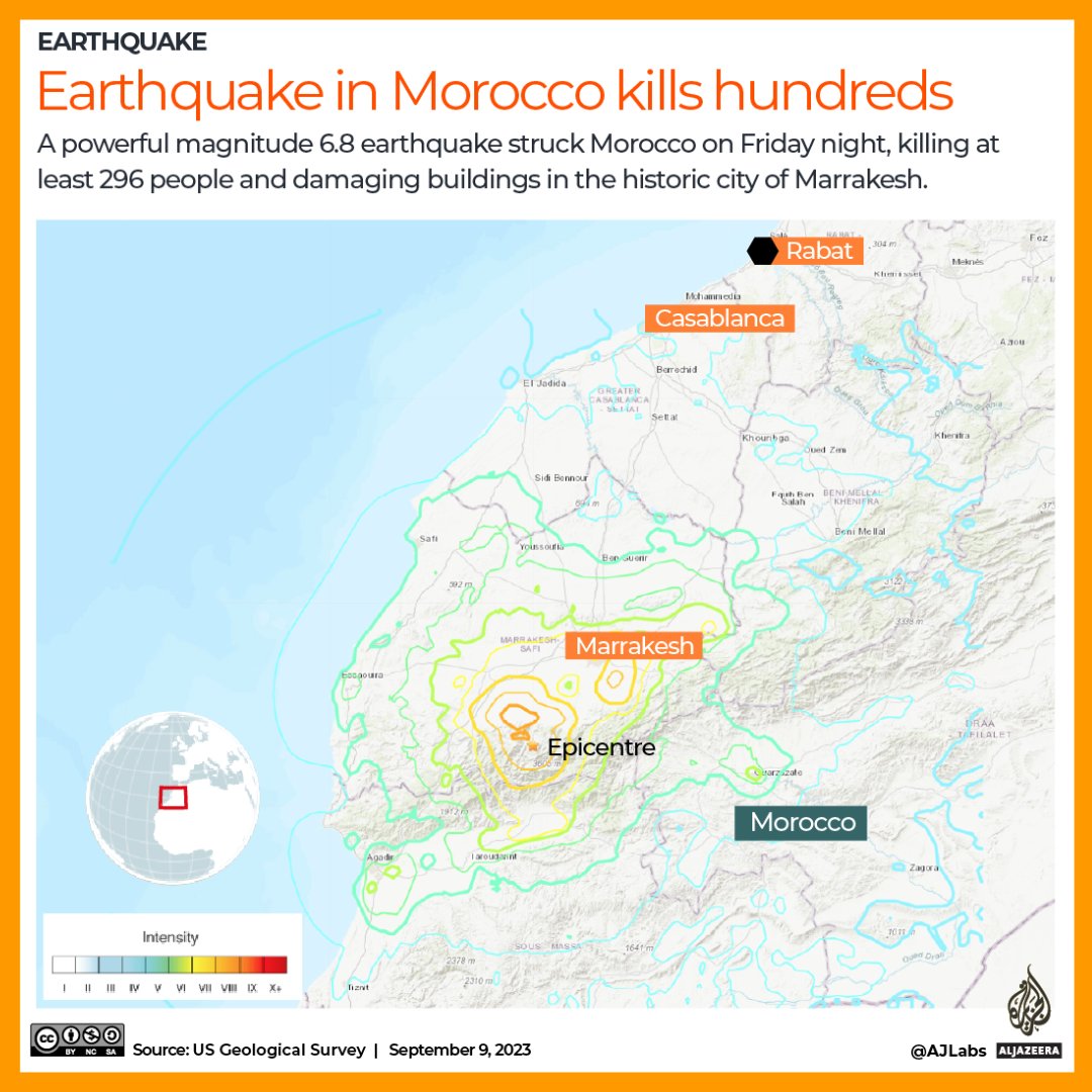 AJEnglish's tweet photo. At least 296 people reported dead as powerful magnitude 6.8 earthquake hits Morocco https://t.co/4pvt4uwBvS https://t.co/VuWSs54gyQ