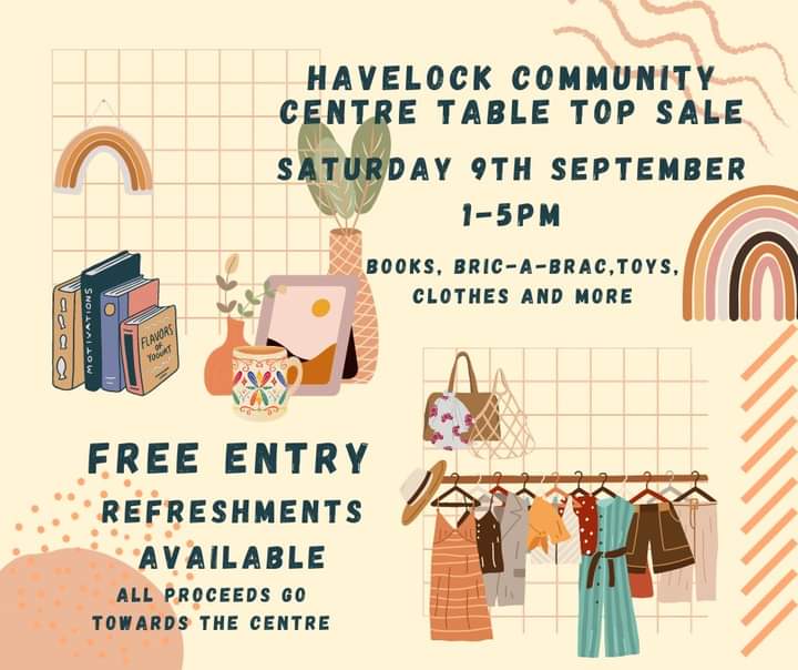 It's today. Come and sit in our beautiful Community Centre garden under the awning and enjoy a cool glass of lemonade and a leisurely rummage round our stalls.@CentreHavelock