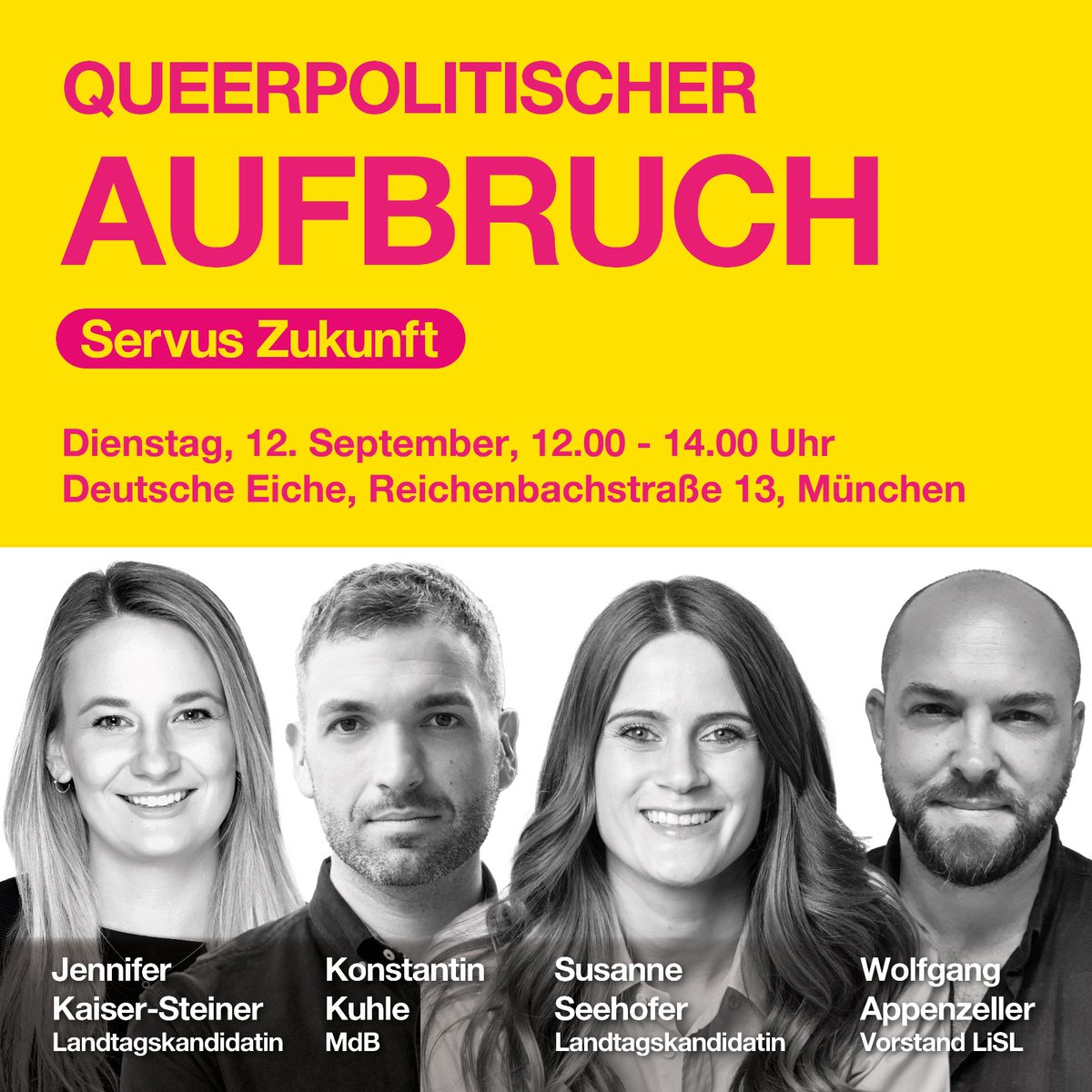 Talk 🗣️ mit <a href="/KonstantinKuhle/">Konstantin Kuhle</a> <a href="/SeehoferSusanne/">Susanne Seehofer</a> <a href="/JenniferKaiser9/">Dr. Jennifer Kaiser-Steiner</a> bei einem Gläschen 🥂 Prosecco und Snacks. Wo steht der 🌈 queerpolitische Aufbruch?