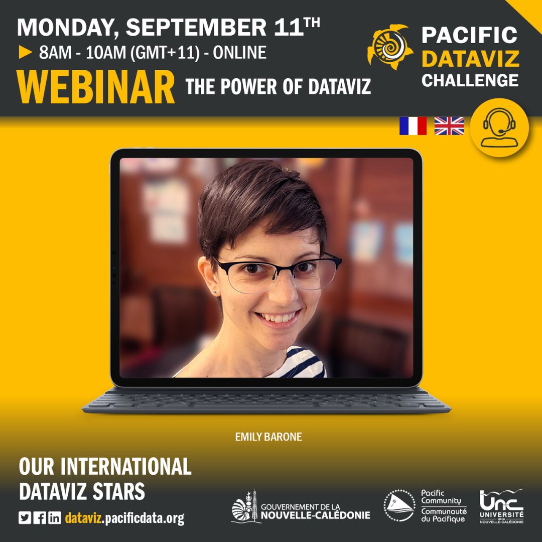 🌏📊 #PacificDatavizChallenge - Today meet Emily Barone, one of our dataviz stars, monday, September 11th, from 8AM to 10AM (GMT+11)
Register: shorturl.at/dkF58
#data #PacificStats #dataStats 
<a href="/GouvNC/">GouvernementNC</a> <a href="/spc_cps/">Pacific Community</a> <a href="/datagouvnc/">data.gouv.nc</a> <a href="/pacificdatahub/">Pacific Data Hub</a>