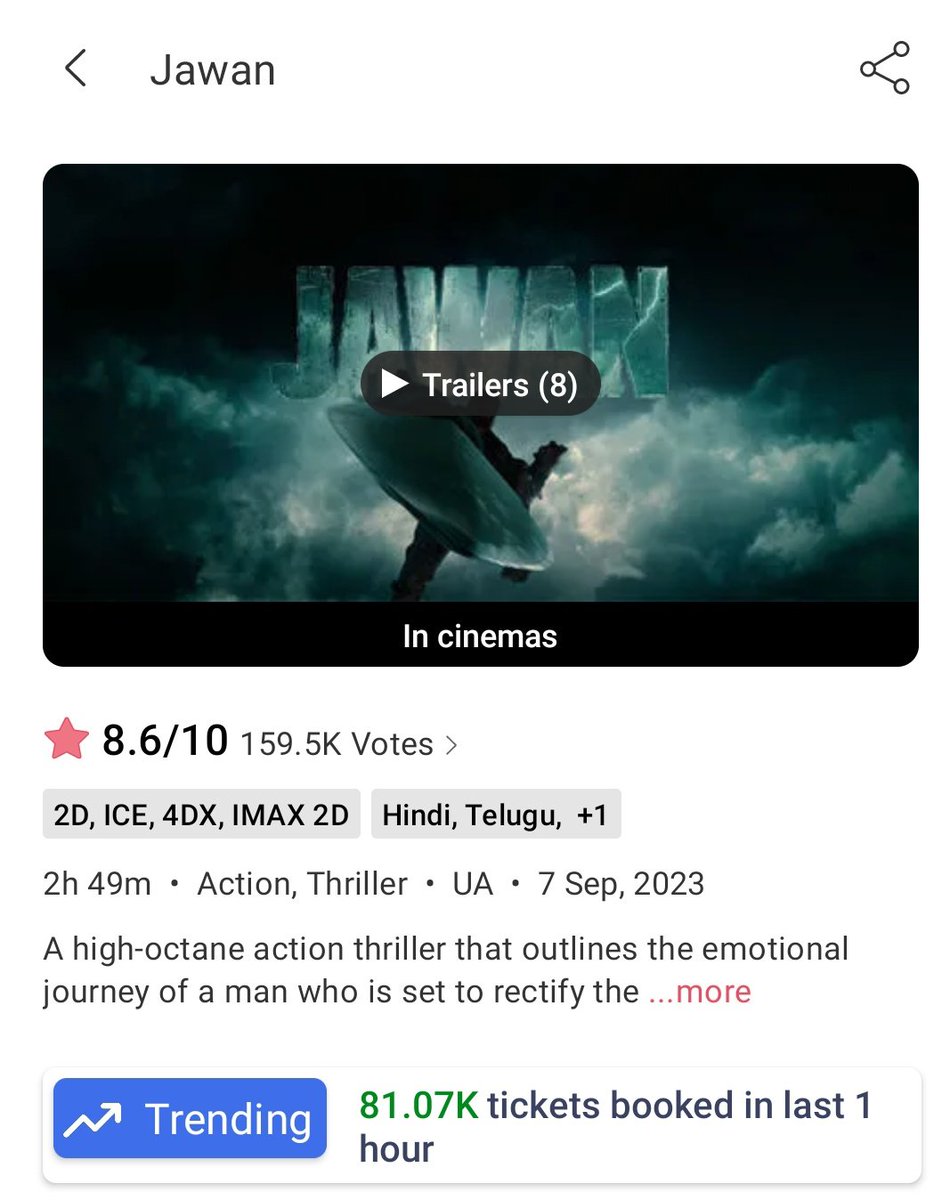 Its_CineHub's tweet photo. BAAP RE BAAP ! This is double of #Gadar2 ( Independence day ), at this rate the film is all ready to surpass the wildest imagination. I have never seen such a craze for any film, these are the statements given by Delite, Amba and Liberty cinema owners...#Jawan is DINASAUR 🦖 @iamsrk