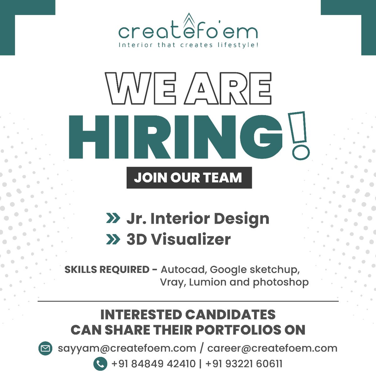 createfoem's tweet photo. #HiringAlert📢
Job Profile:
✅Jr. Interior Designer
✅3D Visualizer.
Skills Required:
✅AutoCAD
✅Google SketchUp
✅V-Ray
✅Lumion
✅Photoshop
Share your portfolios with us at📧 sayyam@createfoem.com / career@createfoem.com or 📞call us at +91 8484942410 / +91 9322160611. https://t.co/Z5BU54Nmyr