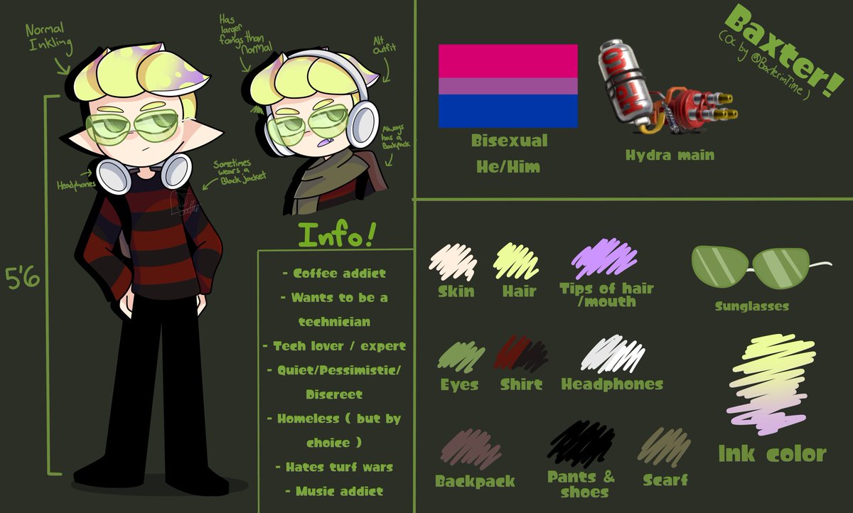 BaxterInTime's tweet image. Hello, I’m Baxter,
A professor Inkling dude who loves Pokémon and Splatoon

I’m kinda here to browse and support people I know
I’m a writer and I comment on things 

I also scare people with Q-tips apparently 

My OC (Drawn by @/DJSeaflow):