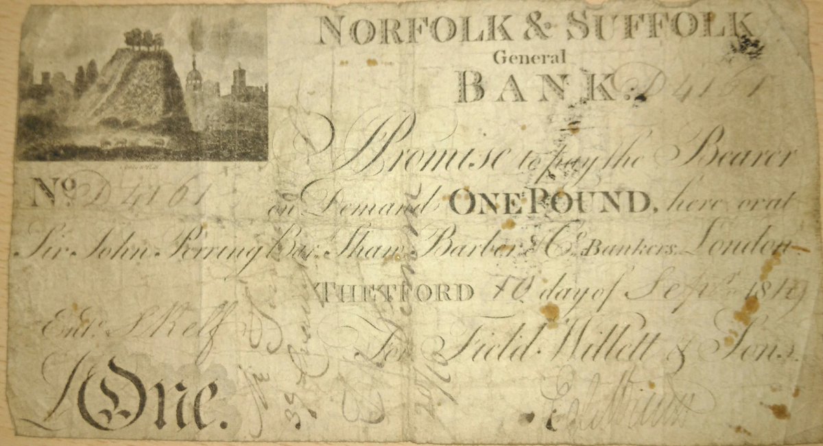 Today's <a href="/artukdotorg/">Art UK</a> #OnlineArtExchange theme is Mountains and Hills.
Thetford's Castle Hill features on this 1819 Norfolk &amp; Suffolk Bank one pound note.