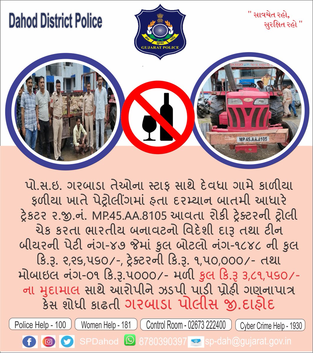પો.સ.ઇ. ગરબાડા સ્ટાફ સાથે દેવધા ગામે પેટ્રોલીંગમાં હતા દરમ્યાન બાતમી આધારે ટ્રેક્ટરની ટ્રોલી માંથી દારૂની બોટલો નંગ-૧૮૪૮ કિ.રૂ. ૨,૨૬,૫૬૦/-, ટ્રેક્ટર તથા મોબાઇલ મળી કુલ કિ.રૂ ૩,૮૧,૫૬૦/-ના મુદામાલ સાથે આરોપીને ઝડપી પાડતી દાહોદ જીલ્લા પોલીસ <a href="/sanghaviharsh/">Harsh Sanghavi</a> <a href="/dgpgujarat/">DGP Gujarat</a> <a href="/GujaratPolice/">Gujarat Police</a>