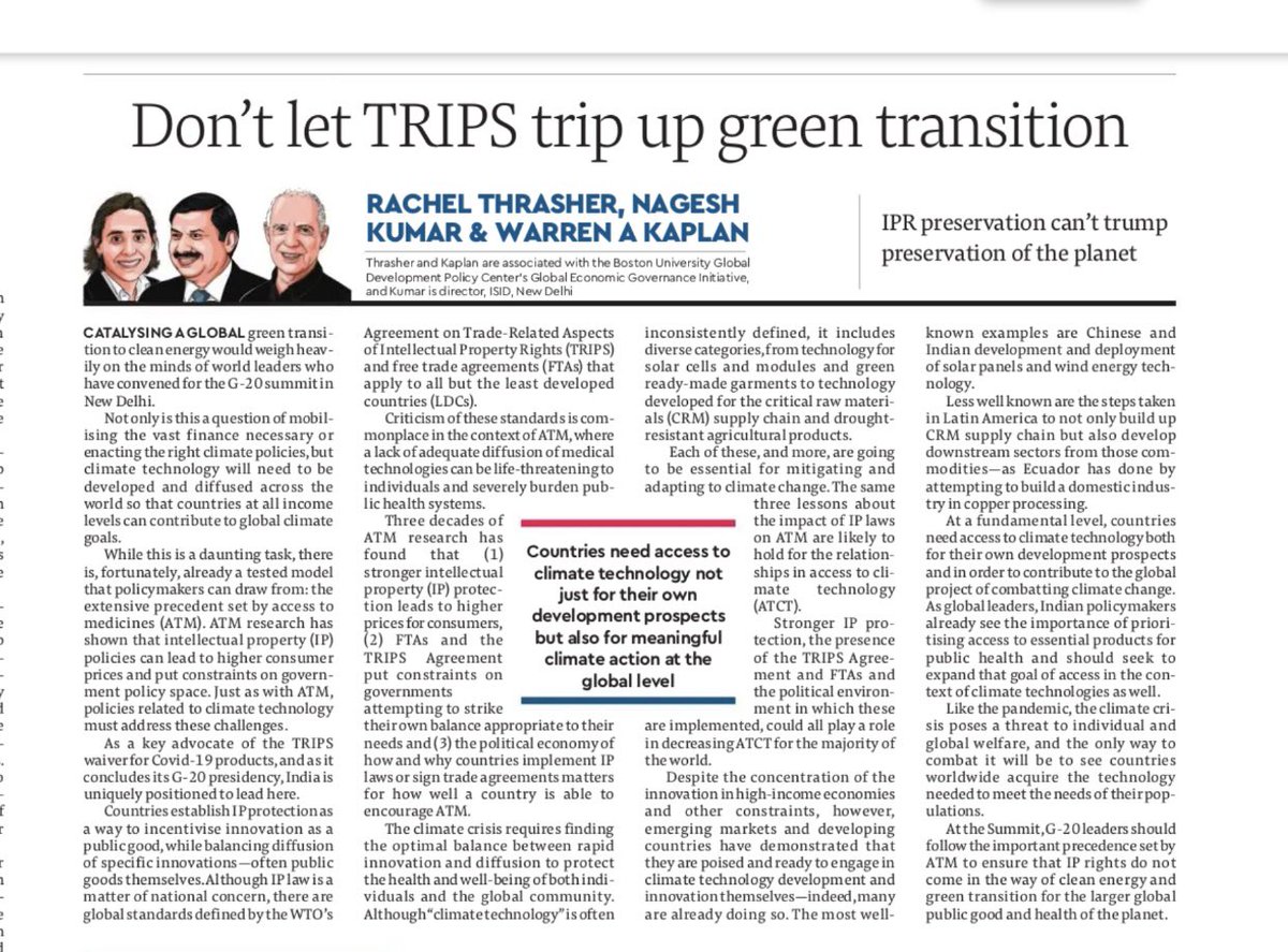 As G20 Leaders meet in New Delhi, we make a case for facilitating access to technologies for green transition, taking cues from access to medicines under WTO’s TRIPS Agreement in @FinancialXpress jointly with @Thrasher_Rachel & Warren Kaplan @ISID_India @GDP_Center