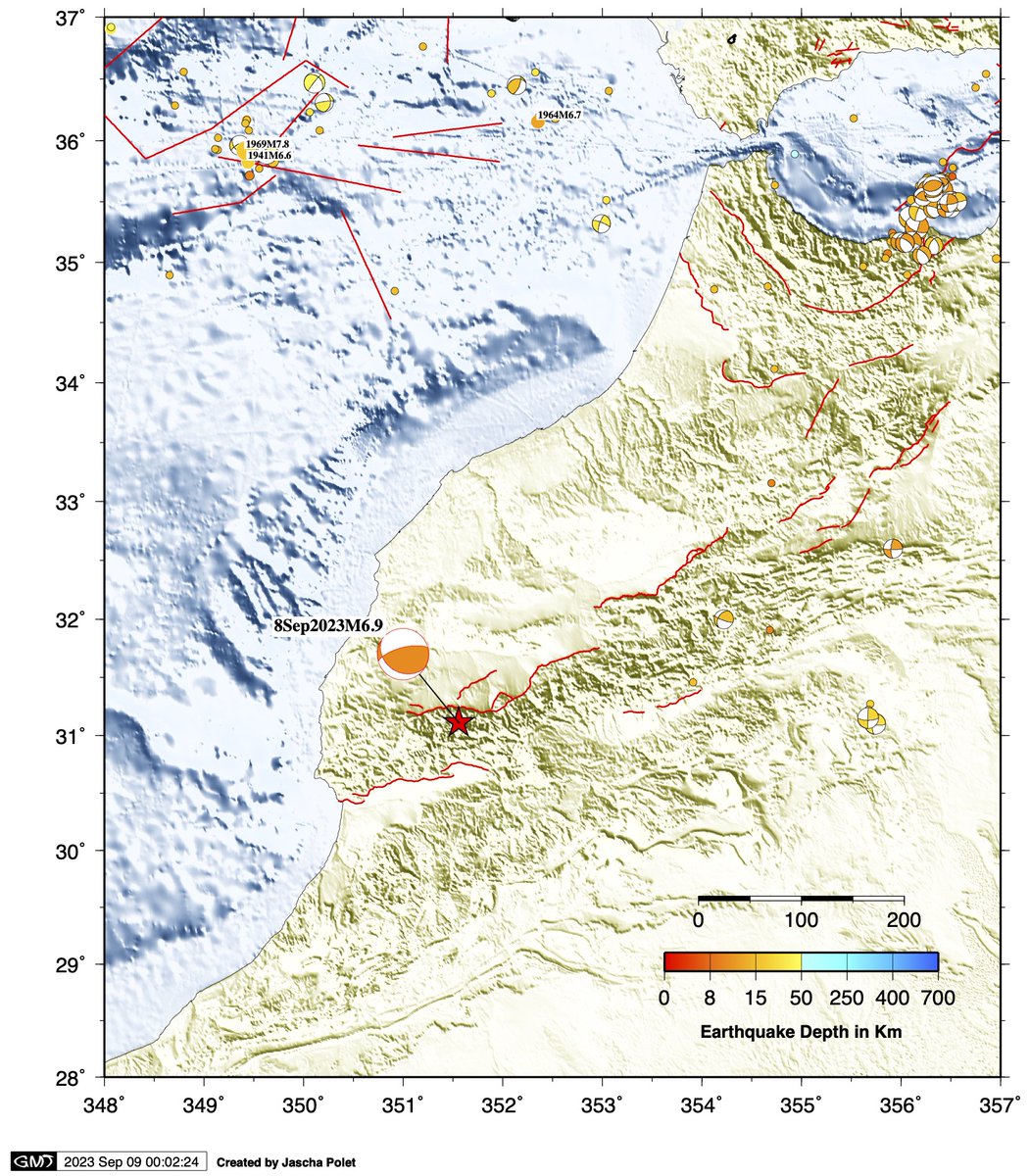 The M6.9 earthquake in Morocco occurred in a region with mapped faults, but with relatively low historical seismicity. Current reports indicate at least 600 people have been killed in this event and the city of Marrakesh has been badly damaged.