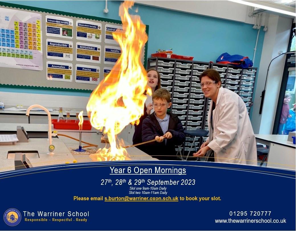 We are delighted, to once again, be hosting three, yes three, year 6 Open Mornings at the end of this month!

it gives you and your child a great opportunity to look around the school and find out a little more about what makes The Warriner such a fantastic place to learn