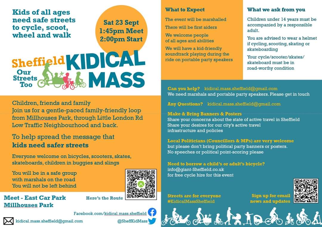 SheffKidMass's tweet photo. Kidical Mass Sheffield 
Saturday 23rd September 
Meet at Millhouses Park east carpark at 1.45pm for a kid-friendly loop to Little London Road &amp; back.

Kids need safe streets to cycle, scoot &amp; walk in Sheffield

#KidicalMass 
#Sheffield https://t.co/ae2lhagIvF