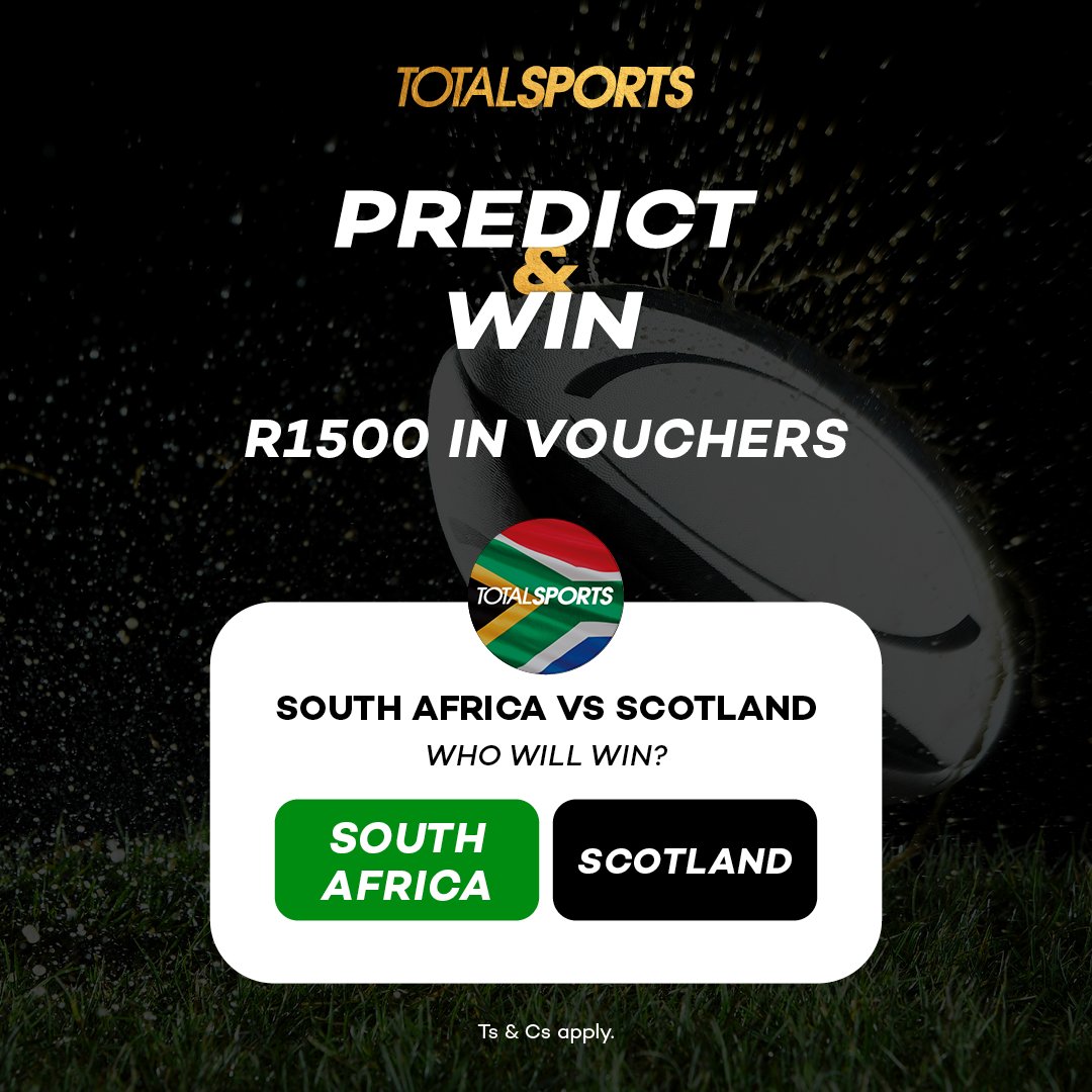 TotalsportsSA's tweet photo. Predict who will WIN 🥇 tomorrow &amp; stand a chance to WIN a R1500 Totalsports voucher 💳.

Comment below, with your answer &amp; tag the friends you are watching the 🏉game with. Entries close on kick-off of the game.

🤞Good luck Boks 🇿🇦!

Ts &amp; Cs Apply. Winner announced 12 Sep. https://t.co/WvWNvFr9AB