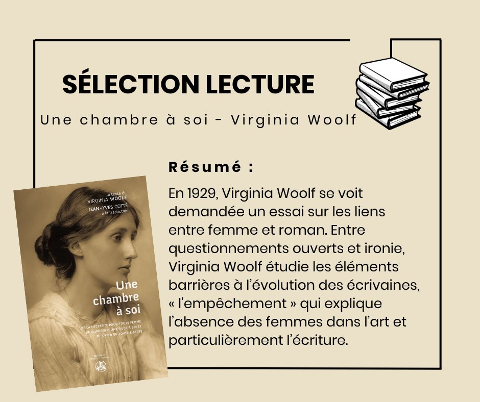 SÉLECTION LECTURE 📚

Publié en 1929, Une chambre à soi dénonce « l'empêchement » des femmes à accéder à la création littéraire et artistique. Dans cet essai fondateur, Virginia Woolf analyse avec ironie les causes du silence littéraire des femmes pendant de nombreuses décennies.