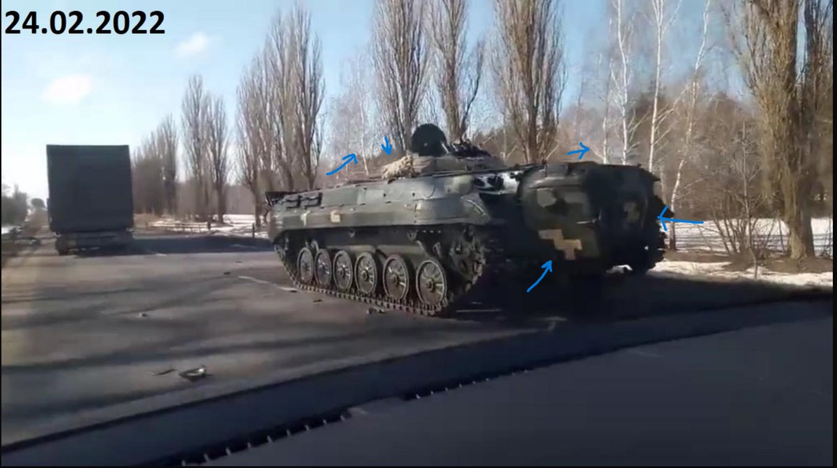 I'm fairly certain abandoned UA BMP #4 and #18 are the same although the first picture is abysmal quality we can see various trees that match up a tan stowage bag  the hints of yellow from the pixel camo the open top, position in the road and also the left hatch seems to be open