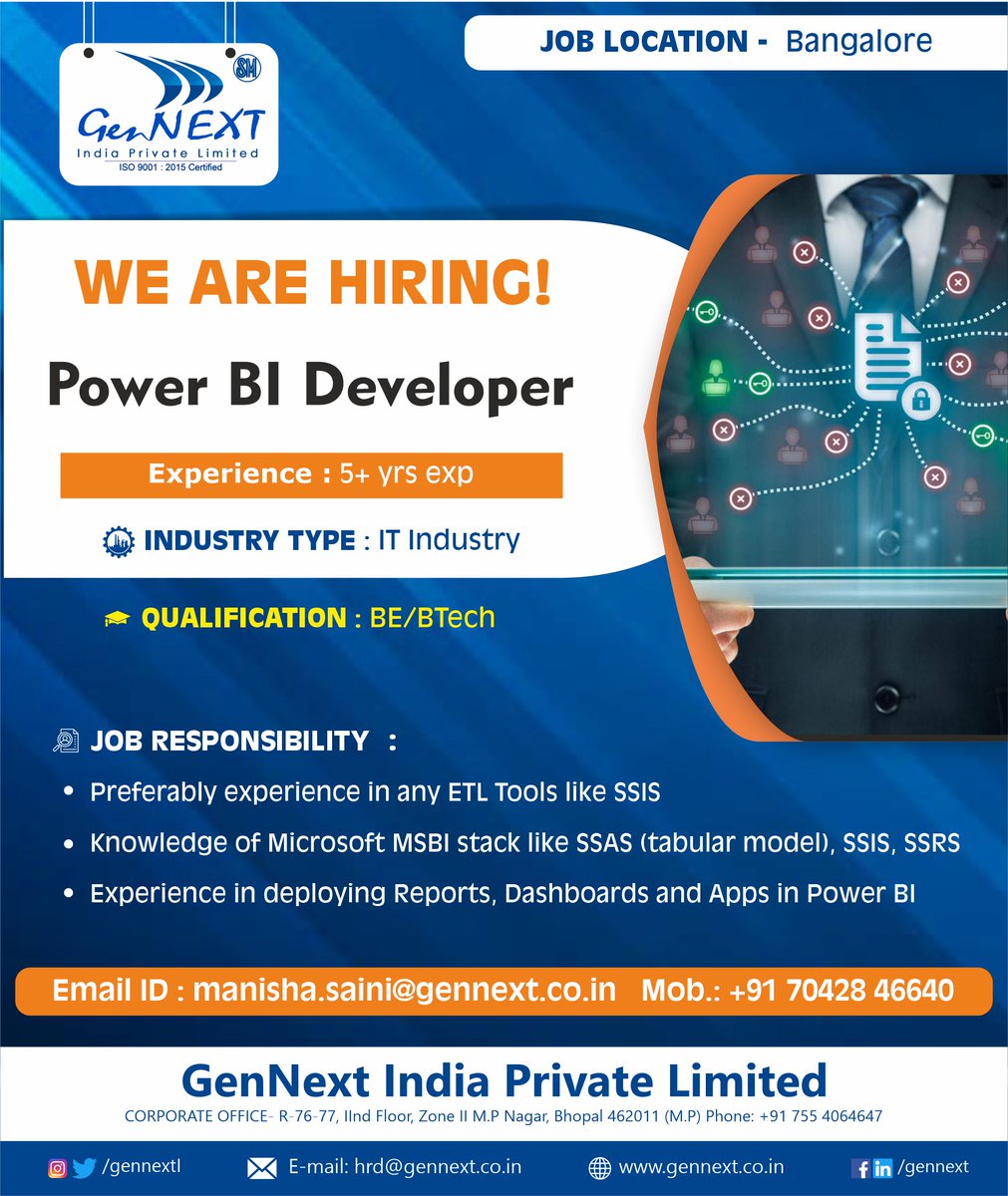 #urgentrequirement
Position: Power BI Developer

#powerbideveloperjob #bangalorejob #be #btech #ssis #ssrs #hiring2023 #jobalert #jobalerts #job #work #jobalerts #vacancyjob #jobneed #liabilties #gennext #gennexthiring #gennextjob