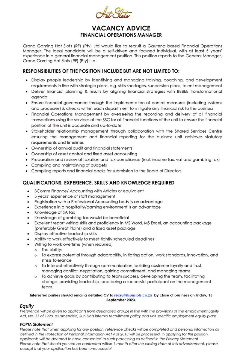 RMakukuli's tweet photo. Vacancy!😁

Grand Gaming Hot Slots (RF) (Pty) Ltd would like to recruit a Gauteng based Financial Operations Manager. The ideal candidate will be a self-driven and focused individual, with at least 5 years’ experience in a general financial management position. https://t.co/RARUiM0p3C
