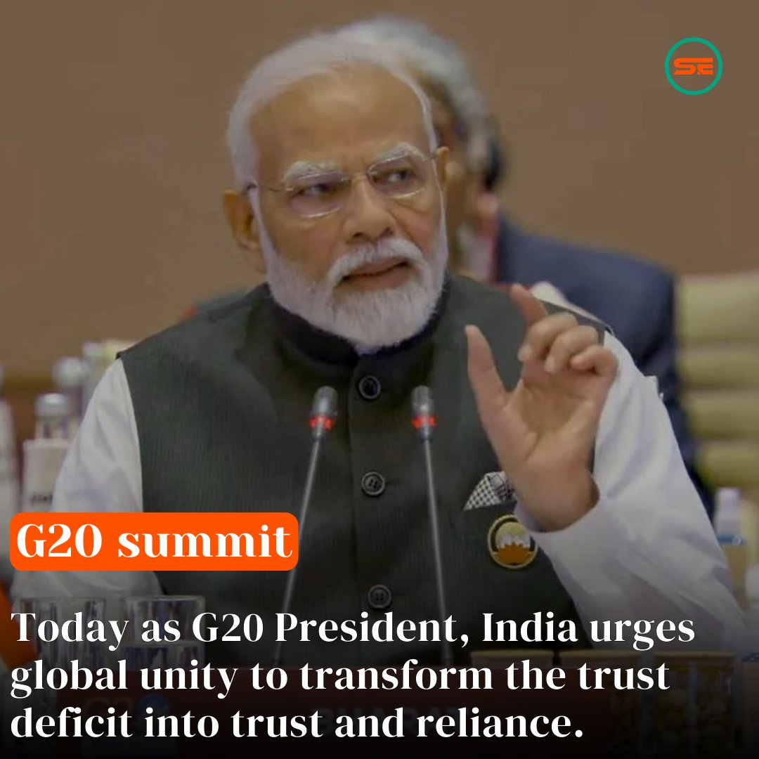 ExpressSouthern's tweet photo. During his speech at the G20 Summit, PM Narendra Modi highlighted the need for global cooperation to reshape the prevailing trust deficit into a cornerstone of trust and interdependence.
#G20India2023 #G20SummitDelhi #G20 #G20Bharat #G20India #G20Summit #G20IndiaPresidency https://t.co/ezN3DDrEBT
