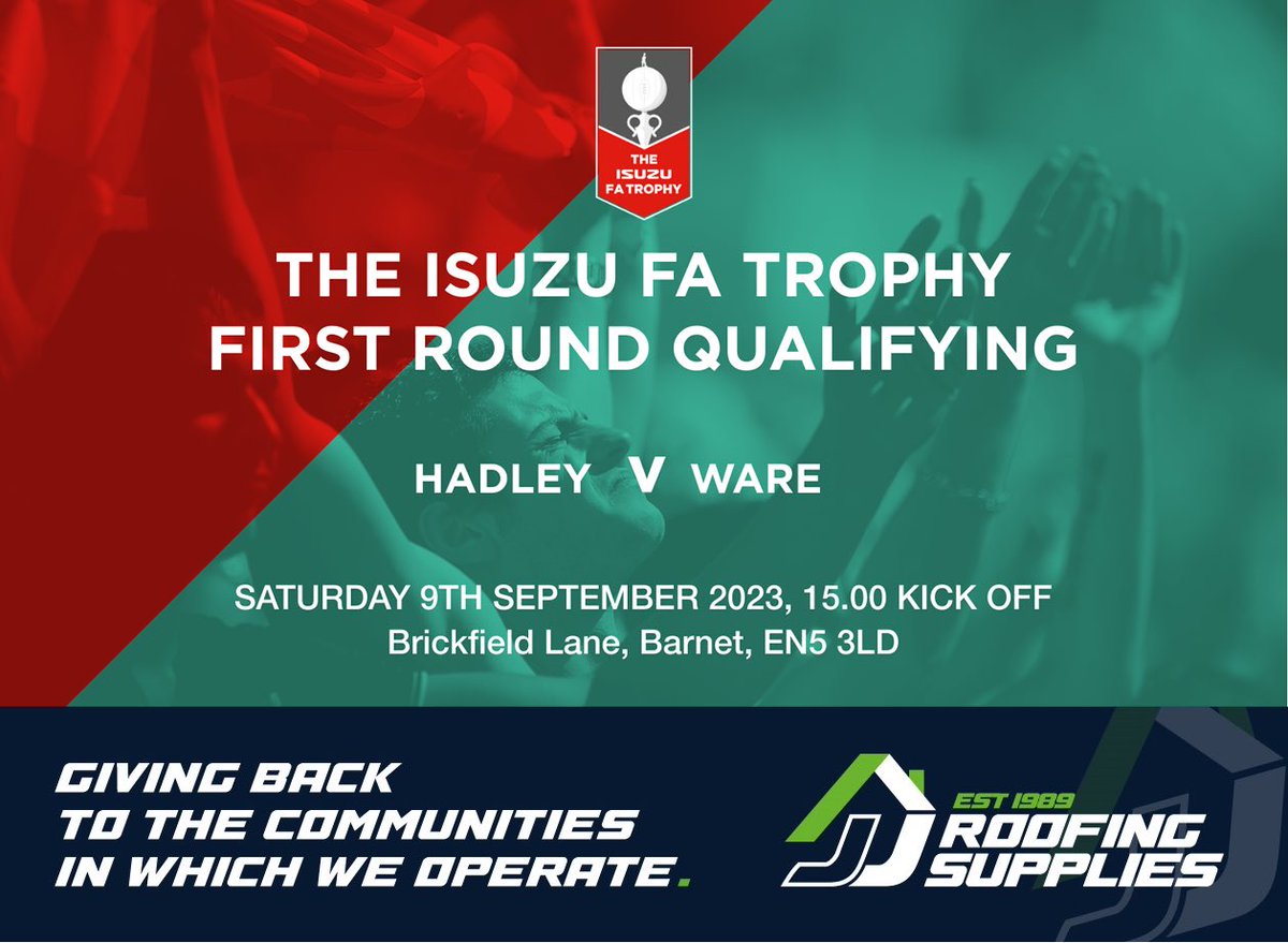 ⚽️ MATCHDAY! 
🆚 @Ware_FC 
🏆 FA Trophy 1RQ 
📍 Brickfield Lane, EN5 3LD 
🕒 3.00pm 
🎟️ Adults £10, concessions £5, U12’s free 
🍔 Hot food inside the ground 
📖 Printed programmes available 

Match Sponsor - @JJ_Roofing 

Come and support the Bricks! 🧱