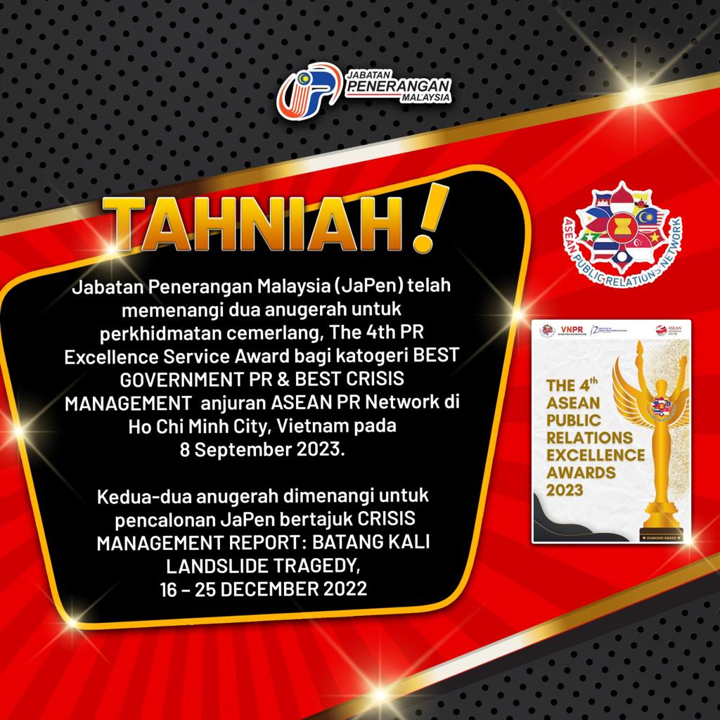JPenerangan's tweet photo. TAHNIAH JABATAN PENERANGAN MALAYSIA!! 

Jabatan Penerangan Malaysia (JaPen) telah memenangi dua anugerah The 4th ASEAN PR Excellence Awards 2023 anjuran bersama ASEAN PR Network &amp; Institut Perhubungan Awam Malaysia (IPRM) yang diadakan di https://t.co/nlpbSU6owe