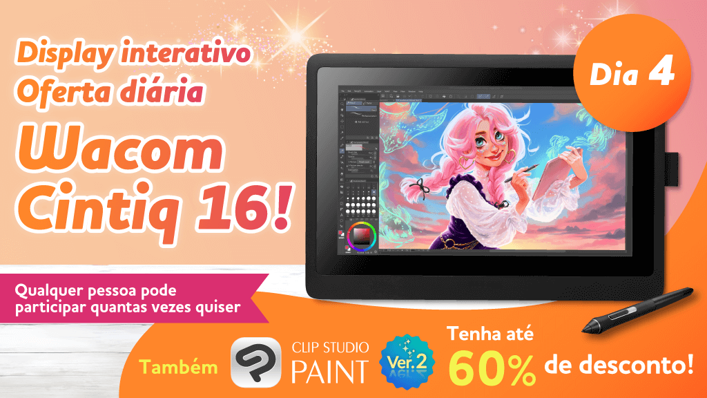 Um Wacom Cintiq 16 sorteado por dia! Siga-nos e republique este post para participar quantas vezes quiser! Já é o 4º dia; restam 3 chances!E até 60% de desconto no CLIP STUDIO PAINT Ver.4 na liquidação limitada! Só até 12/set às 5:00 (BRT). Veja mais em: clipstudio.net/promotion/give…