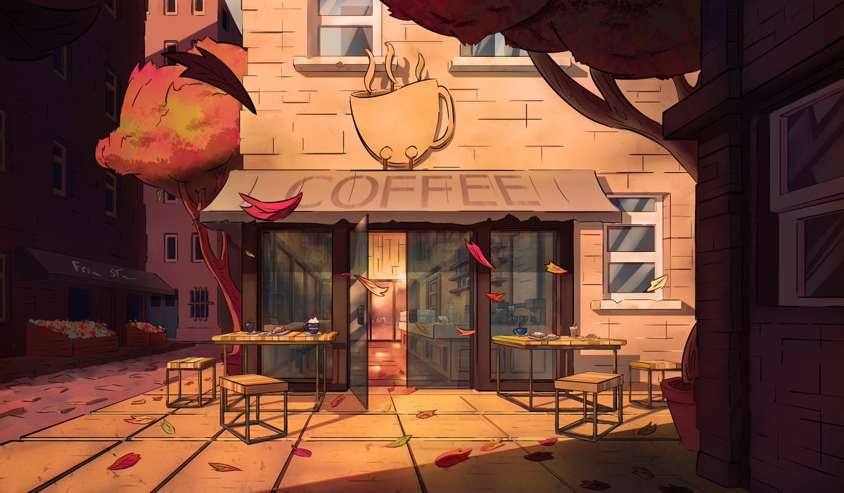 Coffee Shop I designed and painted for personal work. Might do a winter version.
#coffeeshop #coffee #bgdesign #bgpaint #personalwork #artist #fall #fallart #backgroundart #backgrounds #animationart #redtone #falltone #fallcoffee #fallcoffeeshop #leavefalling #art #artist