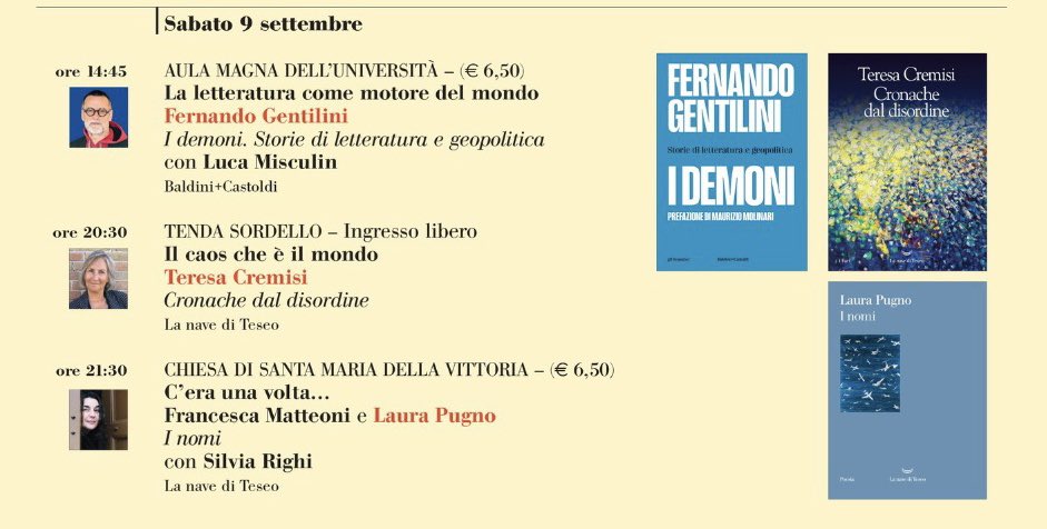 lanavediteseoed's tweet image. Gli appuntamenti di oggi con i nostri autori e le nostre autrici al @festletteratura di Mantova. Vi aspettiamo!
#FestLet