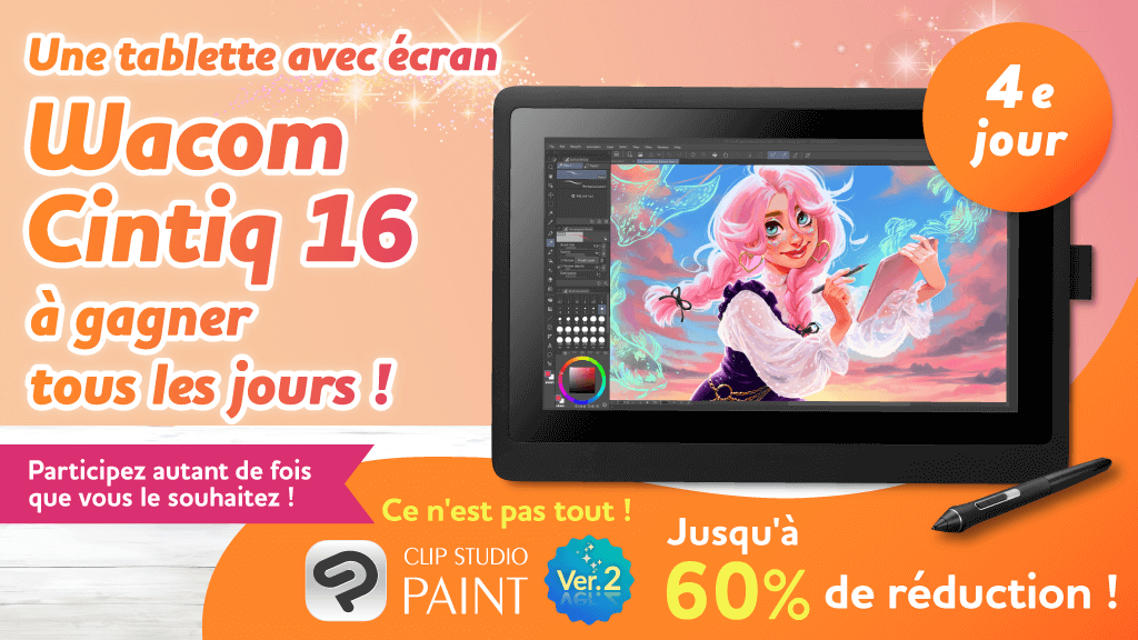 clipstudiopaint's tweet photo. Un Wacom Cintiq 16 à gagner chaque jour ! Pour participer, il suffit de suivre et de reposter ce post. Participations illimitées. 4e jour, encore 3 chances ! CSP Ver. 4 en soldes jusqu'à -60 % jusqu'au 12 septembre à 8h00 (GMT) ! Détails :  https://t.co/2rZ9mVj3Yh https://t.co/Vz5TzbaaXW