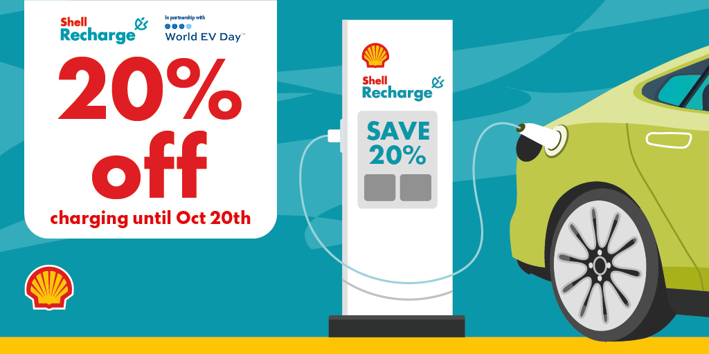 To celebrate #WorldEVDay we’re offering customers 20% off charging until 20 October at Shell Recharge points. Download the Shell Recharge app and use the code WORLDEVDAY to save! ⚡ 🔌 #EV #emobility #electricvehicles #ShellRecharge 🚗