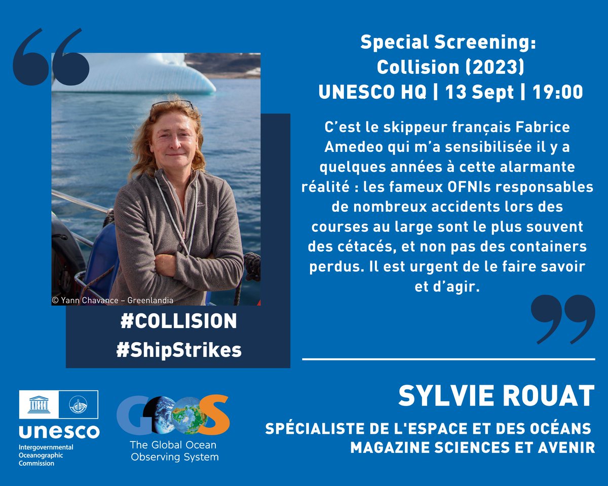 IocUnesco's tweet photo. 🤔How to minimise #shipstrikes on marine animal populations?

✋Join scientific and industry experts for an exclusive screening of the award-winning documentary film #COLLISION.

13 September 2023 19:00 #UNESCO HQ, #Paris
Register now 👉 https://t.co/JFNBODNVB7

#OceanDecade https://t.co/nnv3lAVPtS