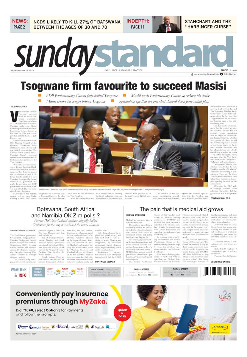 Sunday Standard Botswana (@sunstd_bw) on Twitter photo Pick up the latest copy of <a href="/SunStd_bw/">Sunday Standard Botswana</a> in stores or Visit sundaystandard.info to subscribe and access our digital copy. Pick up the latest copy of <a href="/SunStd_bw/">Sunday Standard Botswana</a> in stores or Visit sundaystandard.info to subscribe and access our digital copy.