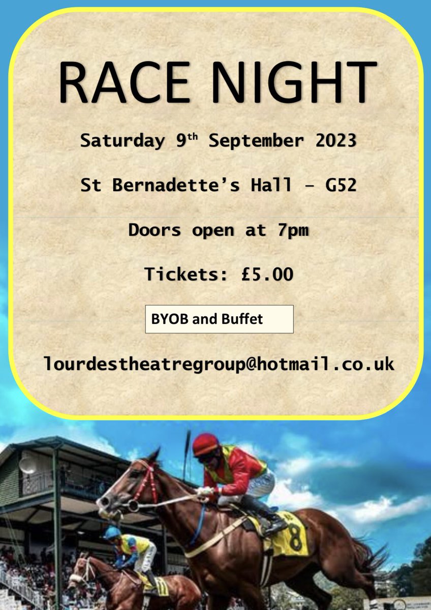 ** TONIGHT ** 

Race night at Lourdes Avenue 
Doors open at 7pm

Tickets can be paid via CASH or CARD 

Horse betting/games are CASH ONLY 

Tuck shop will be cash or card 

We really hope to see you there tonight. Thank you to everyone who sponsored a race or bought a horse 🐎