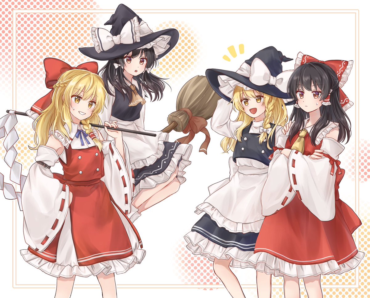 hakurei reimu ,kirisame marisa multiple girls red bow bow blonde hair hat witch hat ascot  illustration images