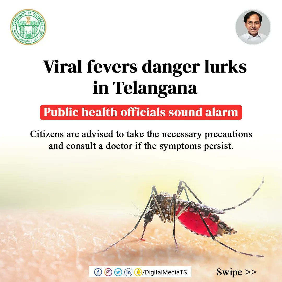 DigitalMediaTG's tweet photo. With ongoing changes in weather in #Telangana, people are advised to keep tab on fresh surge in seasonal ailments like #viralfevers, #dengue, #malaria &amp; #typhoid.

Citizens are also advised to be cautious while going out &amp; take necessary precautions to avoid falling sick. https://t.co/2XUIMFjWWN