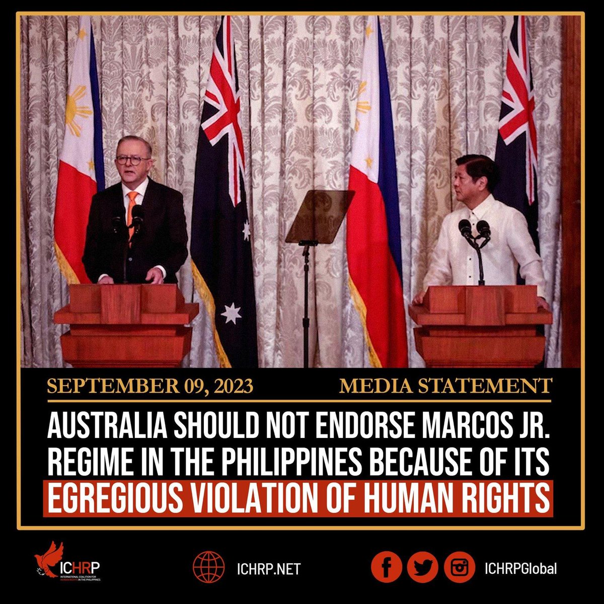 The International Coalition for Human Rights in the Philippines is deeply concerned that Australian Prime Minister Anthony Albanese ignored egregious violations of human rights by the Philippine government when he met President Ferdinand Marcos Jr. Read: ichrp.net/aMpt