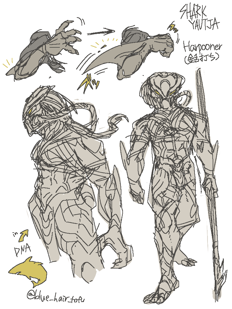 [Yautja OC]
Shark/Harpooner yautja
yautja in my dreams.
He was trapped in a spaceship that had crashed in the ocean. To survive there, he had taken in shark DNA.

夢に出てきたサメ/銛撃ちプレデター
海に墜落した宇宙船に閉じ込められ、そこで生き延びるためにサメのDNAを取り込んでいた 