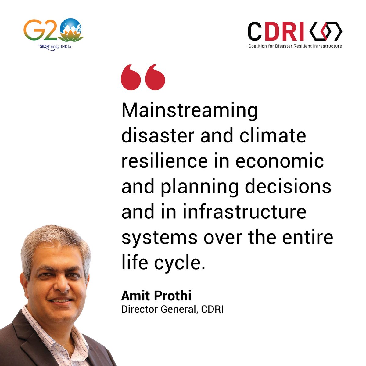 cdri_world's tweet image. CDRI DG @AmitProthi at the #G20SummitDelhi Leaders&apos; Session I: &quot;One Earth&quot; @g20org 👇

&quot;Over the long term, investment in resilience will pay for itself and more. #G20 can advance this agenda with 3 actions&quot; 👇