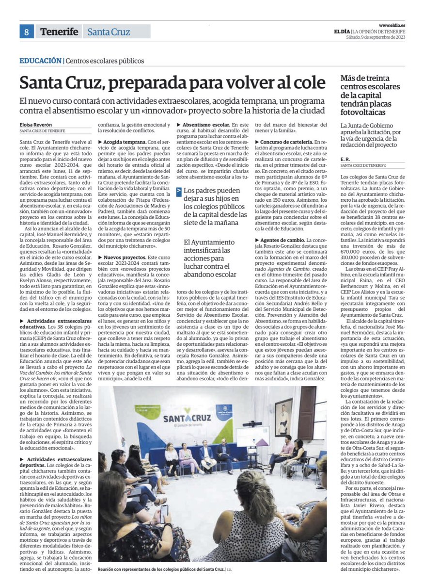 El contacto directo con los responsables de los centros educativos, más allá de las estrictas competencias municipales, permite poner en marcha iniciativas como la acogida temprana o las actividades extraescolares para mejorar la formación y prevenir el absentismo escolar. 💚💙