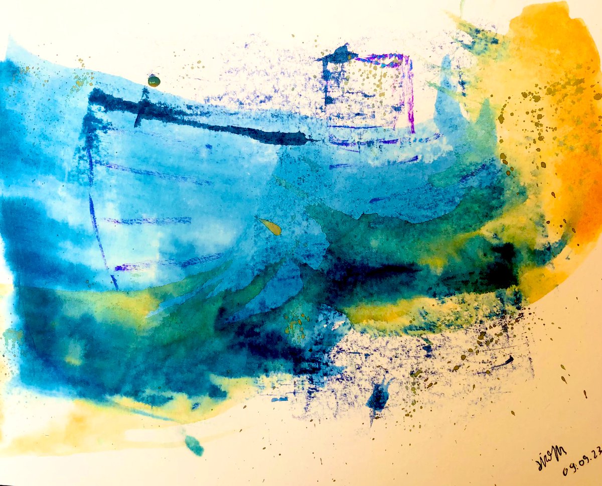 ypical_writer's tweet image. Ich weiß, ihr seid von mir anders gewohnt, aber ich habe mich mal vom Unterbewusstsein für etwas eher Abstraktes leiten lassen. Heraus kam ein ziemlich unklares Schiff in viel zu stürmischem Gewässer. Immerhin noch Sonne da. 🙈😊💜
#JuneArt
#Junezeichnet
#kleineKunstklasse