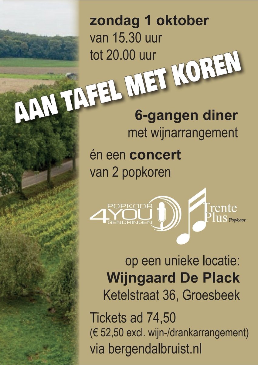 Een 6-gangen diner, een wijnarrangement én een concert voor 74,50 p.p. (Zonder drank-/wijnarrangement € 52,50). Tickets zijn verkrijgbaar via

bergendalbruist.nl/event/aan-tafe…